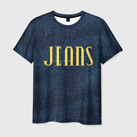 Мужская футболка 3D с принтом Джинс ткань с надписью jeans в Новосибирске, 100% полиэфир | прямой крой, круглый вырез горловины, длина до линии бедер | 
