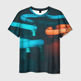 Мужская футболка 3D с принтом Неоновые фонари   Голубой и оранжевый в Тюмени, 100% полиэфир | прямой крой, круглый вырез горловины, длина до линии бедер | 