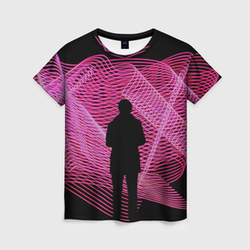 Женская футболка 3D с принтом Неоновые розовые волны и силуэт человека , 100% полиэфир ( синтетическое хлопкоподобное полотно) | прямой крой, круглый вырез горловины, длина до линии бедер | 