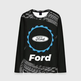 Мужской лонгслив 3D с принтом Ford в стиле Top Gear со следами шин на фоне в Петрозаводске, 100% полиэстер | длинные рукава, круглый вырез горловины, полуприлегающий силуэт | 