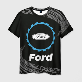 Мужская футболка 3D с принтом Ford в стиле Top Gear со следами шин на фоне в Екатеринбурге, 100% полиэфир | прямой крой, круглый вырез горловины, длина до линии бедер | 