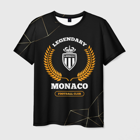 Мужская футболка 3D с принтом Лого Monaco и надпись legendary football club на темном фоне в Новосибирске, 100% полиэфир | прямой крой, круглый вырез горловины, длина до линии бедер | 