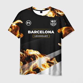 Мужская футболка 3D с принтом Barcelona legendary sport fire в Петрозаводске, 100% полиэфир | прямой крой, круглый вырез горловины, длина до линии бедер | Тематика изображения на принте: 