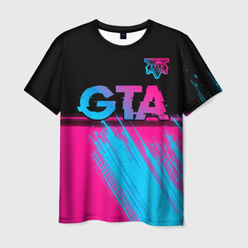 Мужская футболка 3D с принтом GTA   neon gradient: символ сверху в Санкт-Петербурге, 100% полиэфир | прямой крой, круглый вырез горловины, длина до линии бедер | 