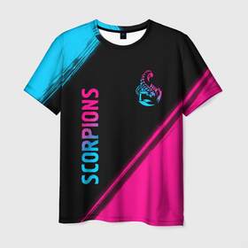 Мужская футболка 3D с принтом Scorpions   neon gradient: надпись, символ в Кировске, 100% полиэфир | прямой крой, круглый вырез горловины, длина до линии бедер | 