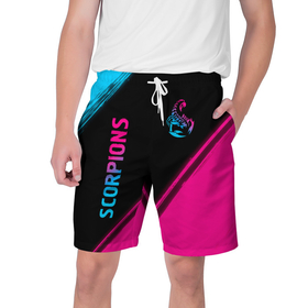 Мужские шорты 3D с принтом Scorpions   neon gradient: надпись, символ ,  полиэстер 100% | прямой крой, два кармана без застежек по бокам. Мягкая трикотажная резинка на поясе, внутри которой широкие завязки. Длина чуть выше колен | 