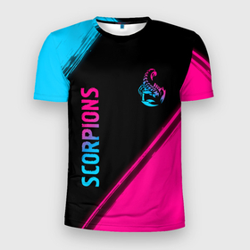Мужская футболка 3D Slim с принтом Scorpions   neon gradient: надпись, символ , 100% полиэстер с улучшенными характеристиками | приталенный силуэт, круглая горловина, широкие плечи, сужается к линии бедра | 