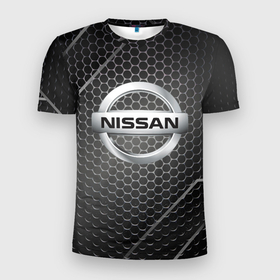 Мужская футболка 3D Slim с принтом Nissan метал карбон в Петрозаводске, 100% полиэстер с улучшенными характеристиками | приталенный силуэт, круглая горловина, широкие плечи, сужается к линии бедра | 