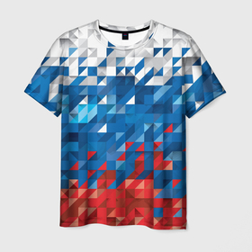 Мужская футболка 3D с принтом Полигональный флаг России в Санкт-Петербурге, 100% полиэфир | прямой крой, круглый вырез горловины, длина до линии бедер | 