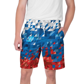 Мужские шорты 3D с принтом Полигональный флаг России в Курске,  полиэстер 100% | прямой крой, два кармана без застежек по бокам. Мягкая трикотажная резинка на поясе, внутри которой широкие завязки. Длина чуть выше колен | 