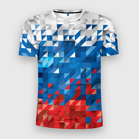 Мужская футболка 3D Slim с принтом Полигональный флаг России в Курске, 100% полиэстер с улучшенными характеристиками | приталенный силуэт, круглая горловина, широкие плечи, сужается к линии бедра | 