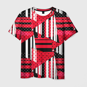 Мужская футболка 3D с принтом Красный, черный и белый горошек и полоска, пэчворк в Курске, 100% полиэфир | прямой крой, круглый вырез горловины, длина до линии бедер | 