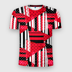 Мужская футболка 3D Slim с принтом Красный, черный и белый горошек и полоска, пэчворк в Тюмени, 100% полиэстер с улучшенными характеристиками | приталенный силуэт, круглая горловина, широкие плечи, сужается к линии бедра | 