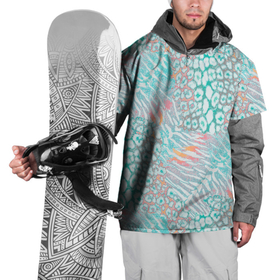 Накидка на куртку 3D с принтом Леопардовый, тигровый узор:  бирюзовые, коралловые пятна и полосы  на белом фоне в Кировске, 100% полиэстер |  | 