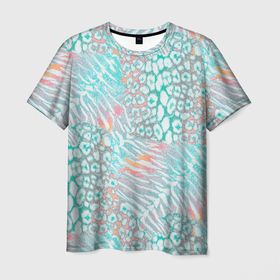 Мужская футболка 3D с принтом Леопардовый, тигровый узор:  бирюзовые, коралловые пятна и полосы  на белом фоне в Кировске, 100% полиэфир | прямой крой, круглый вырез горловины, длина до линии бедер | 