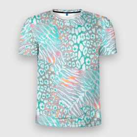 Мужская футболка 3D Slim с принтом Леопардовый, тигровый узор:  бирюзовые, коралловые пятна и полосы  на белом фоне в Белгороде, 100% полиэстер с улучшенными характеристиками | приталенный силуэт, круглая горловина, широкие плечи, сужается к линии бедра | 
