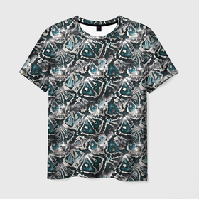 Мужская футболка 3D с принтом Черно белая с бирюзовым кожа змеи в Екатеринбурге, 100% полиэфир | прямой крой, круглый вырез горловины, длина до линии бедер | 