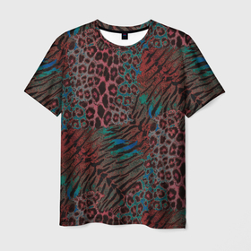 Мужская футболка 3D с принтом Тигровый, леопардовый узор на темном синем, красном фоне в Екатеринбурге, 100% полиэфир | прямой крой, круглый вырез горловины, длина до линии бедер | 
