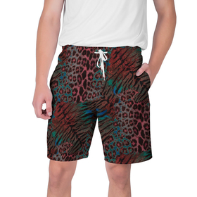 Мужские шорты 3D с принтом Тигровый, леопардовый узор на темном синем, красном фоне ,  полиэстер 100% | прямой крой, два кармана без застежек по бокам. Мягкая трикотажная резинка на поясе, внутри которой широкие завязки. Длина чуть выше колен | 