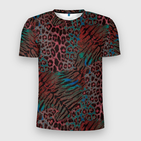 Мужская футболка 3D Slim с принтом Тигровый, леопардовый узор на темном синем, красном фоне в Екатеринбурге, 100% полиэстер с улучшенными характеристиками | приталенный силуэт, круглая горловина, широкие плечи, сужается к линии бедра | 