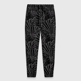 Мужские брюки 3D с принтом Белые контуры тропических листьев на черном , 100% полиэстер | манжеты по низу, эластичный пояс регулируется шнурком, по бокам два кармана без застежек, внутренняя часть кармана из мелкой сетки | Тематика изображения на принте: 