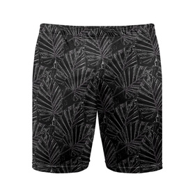 Мужские шорты спортивные с принтом Белые контуры тропических листьев на черном ,  |  | Тематика изображения на принте: 