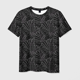 Мужская футболка 3D с принтом Белые контуры тропических листьев на черном , 100% полиэфир | прямой крой, круглый вырез горловины, длина до линии бедер | Тематика изображения на принте: 