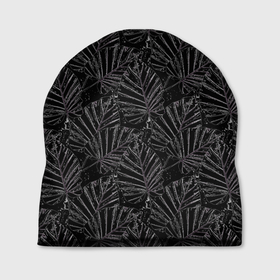 Шапка 3D с принтом Белые контуры тропических листьев на черном , 100% полиэстер | универсальный размер, печать по всей поверхности изделия | Тематика изображения на принте: 