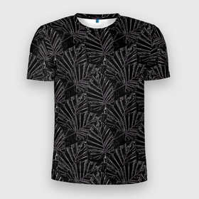 Мужская футболка 3D Slim с принтом Белые контуры тропических листьев на черном , 100% полиэстер с улучшенными характеристиками | приталенный силуэт, круглая горловина, широкие плечи, сужается к линии бедра | Тематика изображения на принте: 
