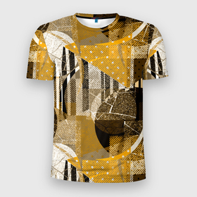 Мужская футболка 3D Slim с принтом Гранжевая абстракция: Черный, белый, горчичный орнамент в Санкт-Петербурге, 100% полиэстер с улучшенными характеристиками | приталенный силуэт, круглая горловина, широкие плечи, сужается к линии бедра | 