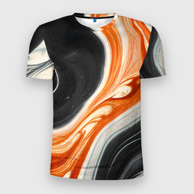 Мужская футболка 3D Slim с принтом Оранжевые разводы краски в Екатеринбурге, 100% полиэстер с улучшенными характеристиками | приталенный силуэт, круглая горловина, широкие плечи, сужается к линии бедра | 