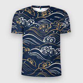 Мужская футболка 3D Slim с принтом Японский узор волны в Санкт-Петербурге, 100% полиэстер с улучшенными характеристиками | приталенный силуэт, круглая горловина, широкие плечи, сужается к линии бедра | 