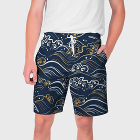 Мужские шорты 3D с принтом Японский узор волны в Курске,  полиэстер 100% | прямой крой, два кармана без застежек по бокам. Мягкая трикотажная резинка на поясе, внутри которой широкие завязки. Длина чуть выше колен | 
