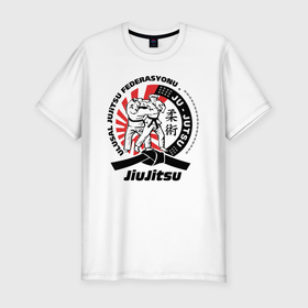 Мужская футболка хлопок Slim с принтом Джиу джитсу Jiujitsu emblem в Тюмени, 92% хлопок, 8% лайкра | приталенный силуэт, круглый вырез ворота, длина до линии бедра, короткий рукав | 