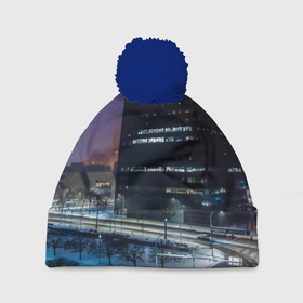 Шапка 3D c помпоном с принтом Зимний ночной город в Белгороде, 100% полиэстер | универсальный размер, печать по всей поверхности изделия | 