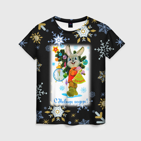 Женская футболка 3D с принтом Новый год зайчик несёт ёлочку в Кировске, 100% полиэфир ( синтетическое хлопкоподобное полотно) | прямой крой, круглый вырез горловины, длина до линии бедер | 