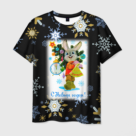Мужская футболка 3D с принтом Новый год зайчик несёт ёлочку в Кировске, 100% полиэфир | прямой крой, круглый вырез горловины, длина до линии бедер | 