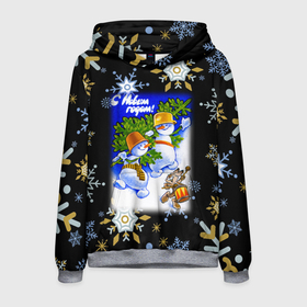 Мужская толстовка 3D с принтом Новый год снеговики несут ёлочку , 100% полиэстер | двухслойный капюшон со шнурком для регулировки, мягкие манжеты на рукавах и по низу толстовки, спереди карман-кенгуру с мягким внутренним слоем. | Тематика изображения на принте: 