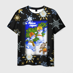 Мужская футболка 3D с принтом Новый год снеговики несут ёлочку , 100% полиэфир | прямой крой, круглый вырез горловины, длина до линии бедер | Тематика изображения на принте: 