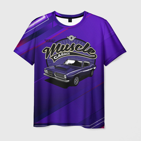 Мужская футболка 3D с принтом Muscle garage   фиолетовый ретро автомобиль в Петрозаводске, 100% полиэфир | прямой крой, круглый вырез горловины, длина до линии бедер | 