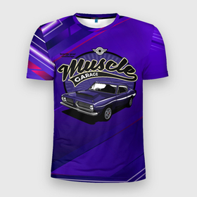Мужская футболка 3D Slim с принтом Muscle garage   фиолетовый ретро автомобиль в Кировске, 100% полиэстер с улучшенными характеристиками | приталенный силуэт, круглая горловина, широкие плечи, сужается к линии бедра | 