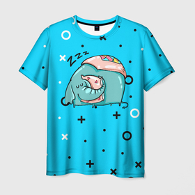 Мужская футболка 3D с принтом Спящий слон  с подушкой , 100% полиэфир | прямой крой, круглый вырез горловины, длина до линии бедер | 