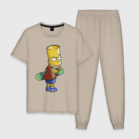 Мужская пижама хлопок с принтом Барт Симпсон со скейтбордом   жест в Кировске, 100% хлопок | брюки и футболка прямого кроя, без карманов, на брюках мягкая резинка на поясе и по низу штанин
 | 