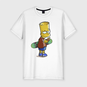 Мужская футболка хлопок Slim с принтом Барт Симпсон со скейтбордом   жест в Кировске, 92% хлопок, 8% лайкра | приталенный силуэт, круглый вырез ворота, длина до линии бедра, короткий рукав | 