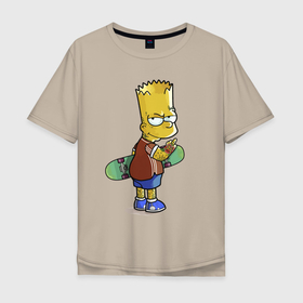 Мужская футболка хлопок Oversize с принтом Барт Симпсон со скейтбордом   жест в Кировске, 100% хлопок | свободный крой, круглый ворот, “спинка” длиннее передней части | 