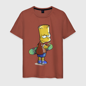 Мужская футболка хлопок с принтом Барт Симпсон со скейтбордом   жест в Кировске, 100% хлопок | прямой крой, круглый вырез горловины, длина до линии бедер, слегка спущенное плечо. | 