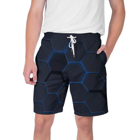 Мужские шорты 3D с принтом Неоновая броня голубая в Новосибирске,  полиэстер 100% | прямой крой, два кармана без застежек по бокам. Мягкая трикотажная резинка на поясе, внутри которой широкие завязки. Длина чуть выше колен | 
