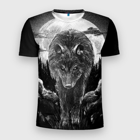 Мужская футболка 3D Slim с принтом Волк на фоне луны   рисунок карандашом в Петрозаводске, 100% полиэстер с улучшенными характеристиками | приталенный силуэт, круглая горловина, широкие плечи, сужается к линии бедра | Тематика изображения на принте: 