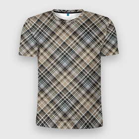 Мужская футболка 3D Slim с принтом Классический клетчатый , бежево коричневый фон в Петрозаводске, 100% полиэстер с улучшенными характеристиками | приталенный силуэт, круглая горловина, широкие плечи, сужается к линии бедра | 