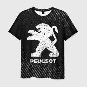 Мужская футболка 3D с принтом Peugeot с потертостями на темном фоне в Тюмени, 100% полиэфир | прямой крой, круглый вырез горловины, длина до линии бедер | 
